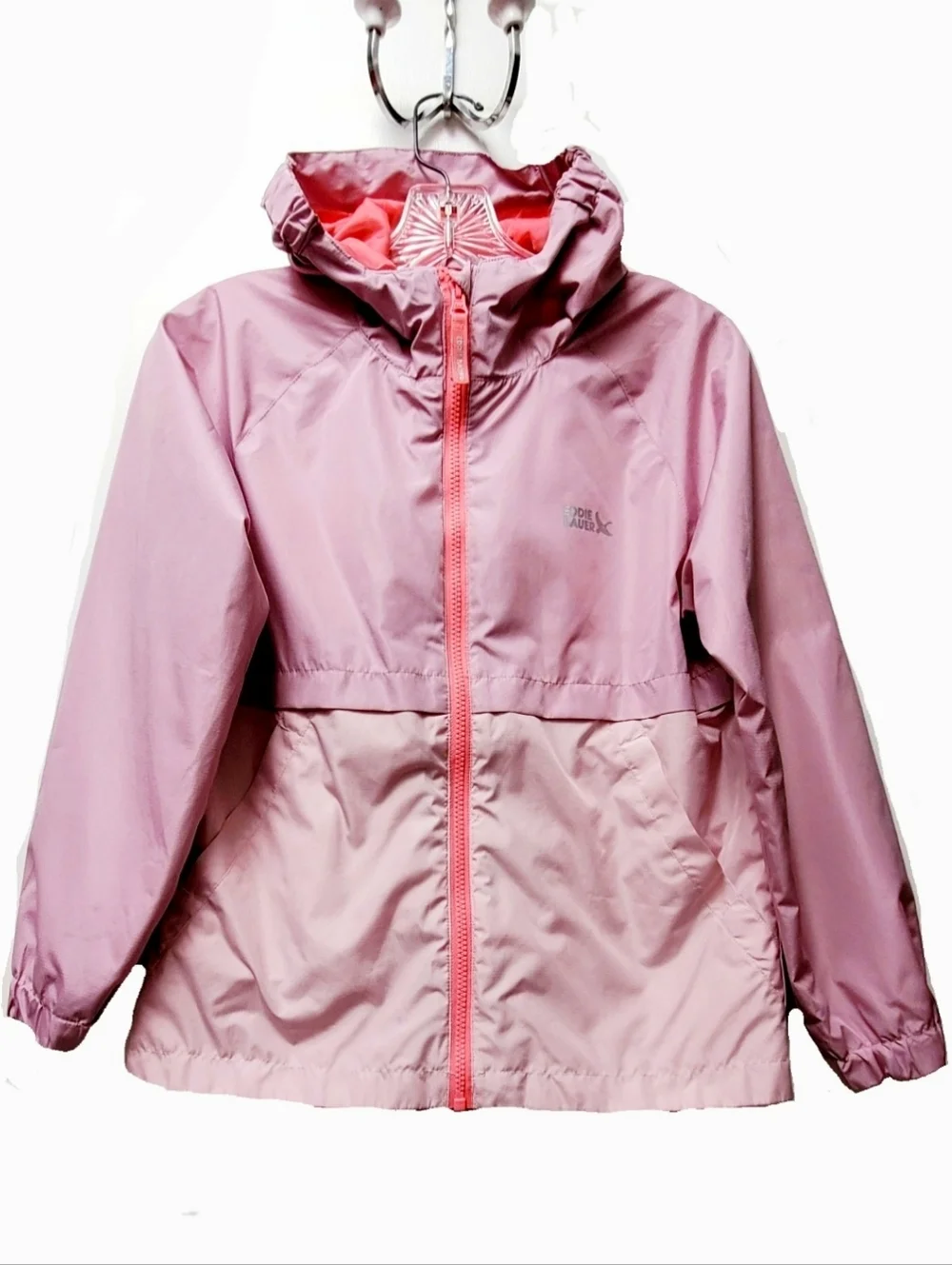 Eddie Bauer Kids Pink Color Block Lightweight Zip Up Jacket Hood Sz M 10-12 Yrs